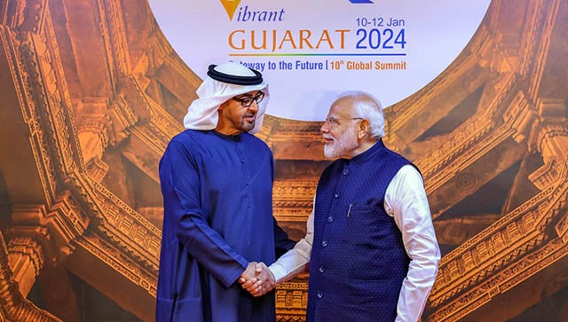 Prime Minister Narendra Modi welcomes UAE President Mohamed bin Zayed Al Nahyan at the Vibrant Gujarat Global Summit 2024, in Gandhinagar, on 10 January, 2024. PTI