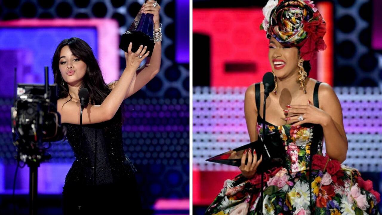 Camila Cabello (left) and Cardi B at AMA 2018. Images via Twitter