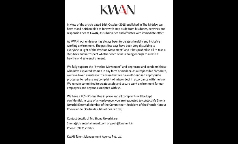 The statement from Kwan Entertainment