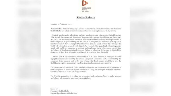 Producers Guild of India calls meeting for amendment of by-laws to ensure safe working environment for women