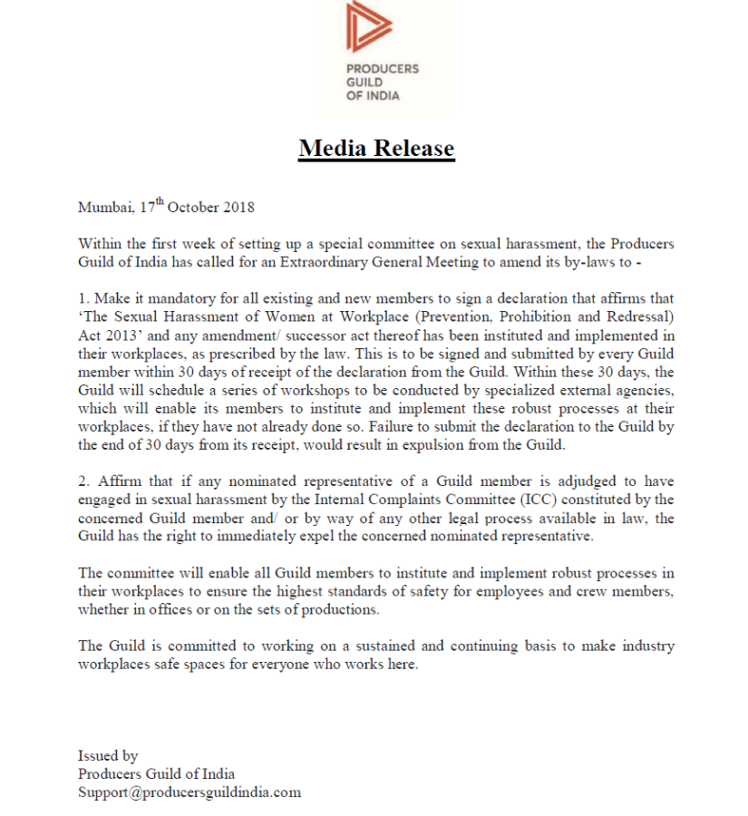 Producers Guild of India calls meeting for amendment of by-laws to ensure safe working environment for women Producers Guild of India calls meeting for amendment of by-laws to ensure safe working environment for women
