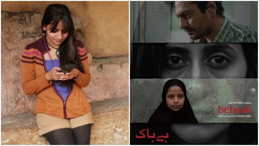 (L) Shazia Iqbal, image via Twitter; (R) Poster for Bebaak