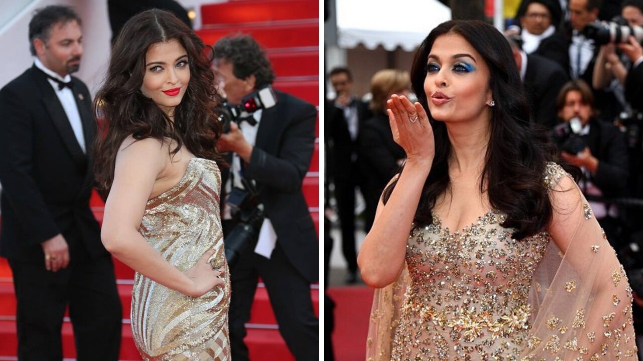 Aishwarya Rai's landmark look at Cannes 2014 (left). Rai at Cannes in 2016. Images via Facebook