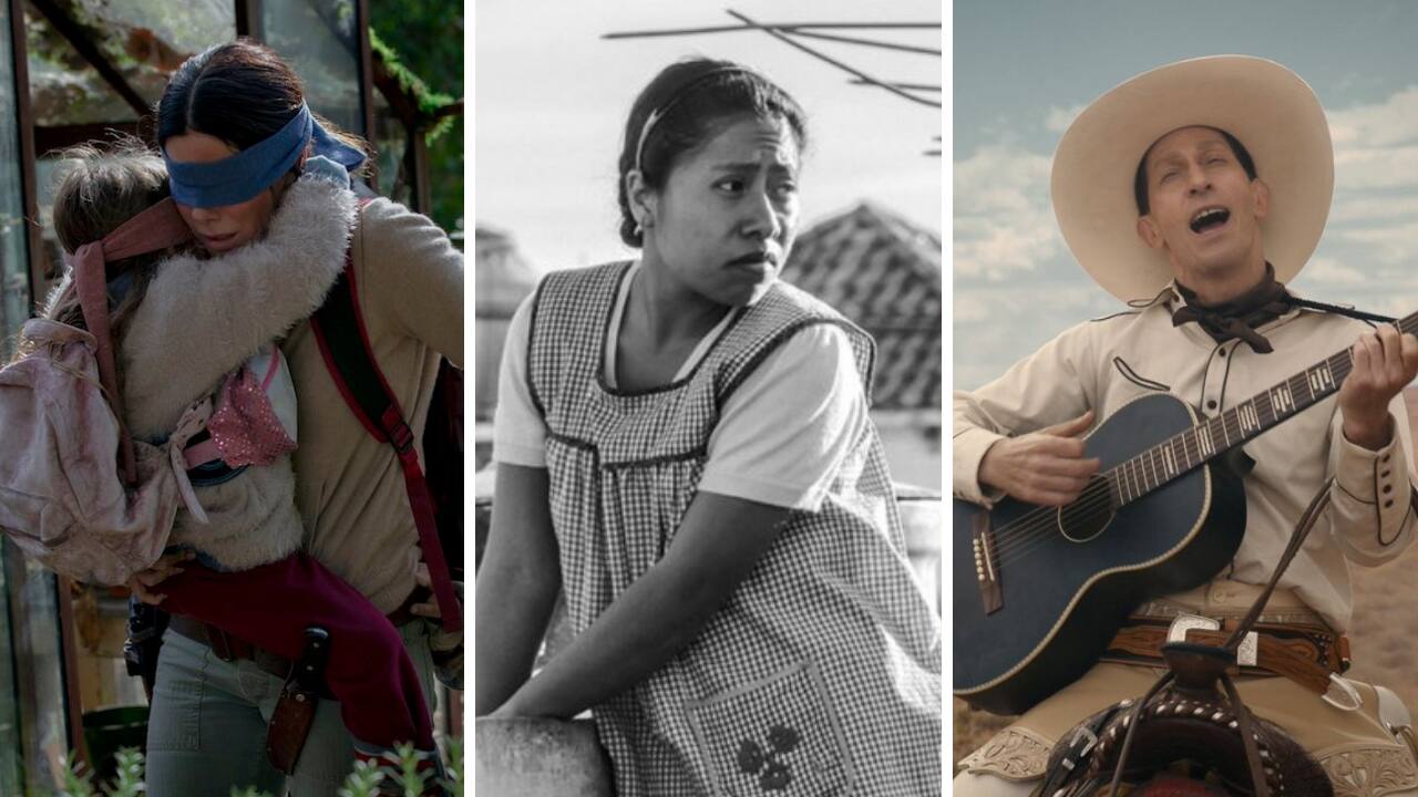 (left-right) Bird Box, Roma, The Ballad of Buster Scruggs. Images from Twitter