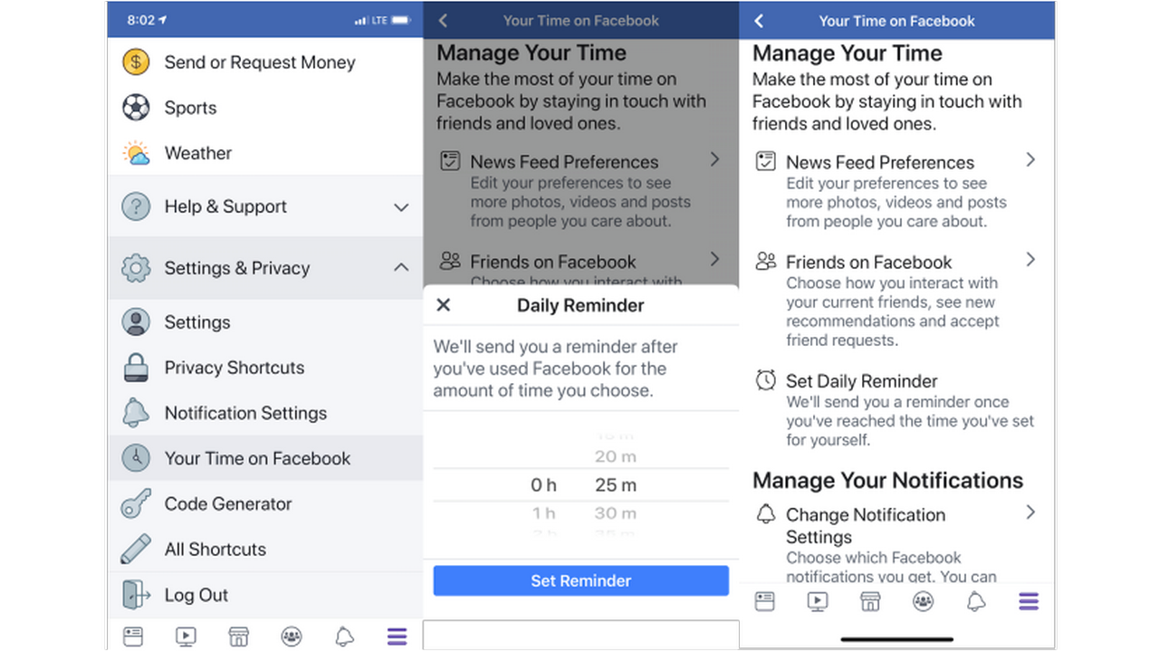 Screenshots of Facebook's Your Time on Facebook feature. Image: TechCrunch