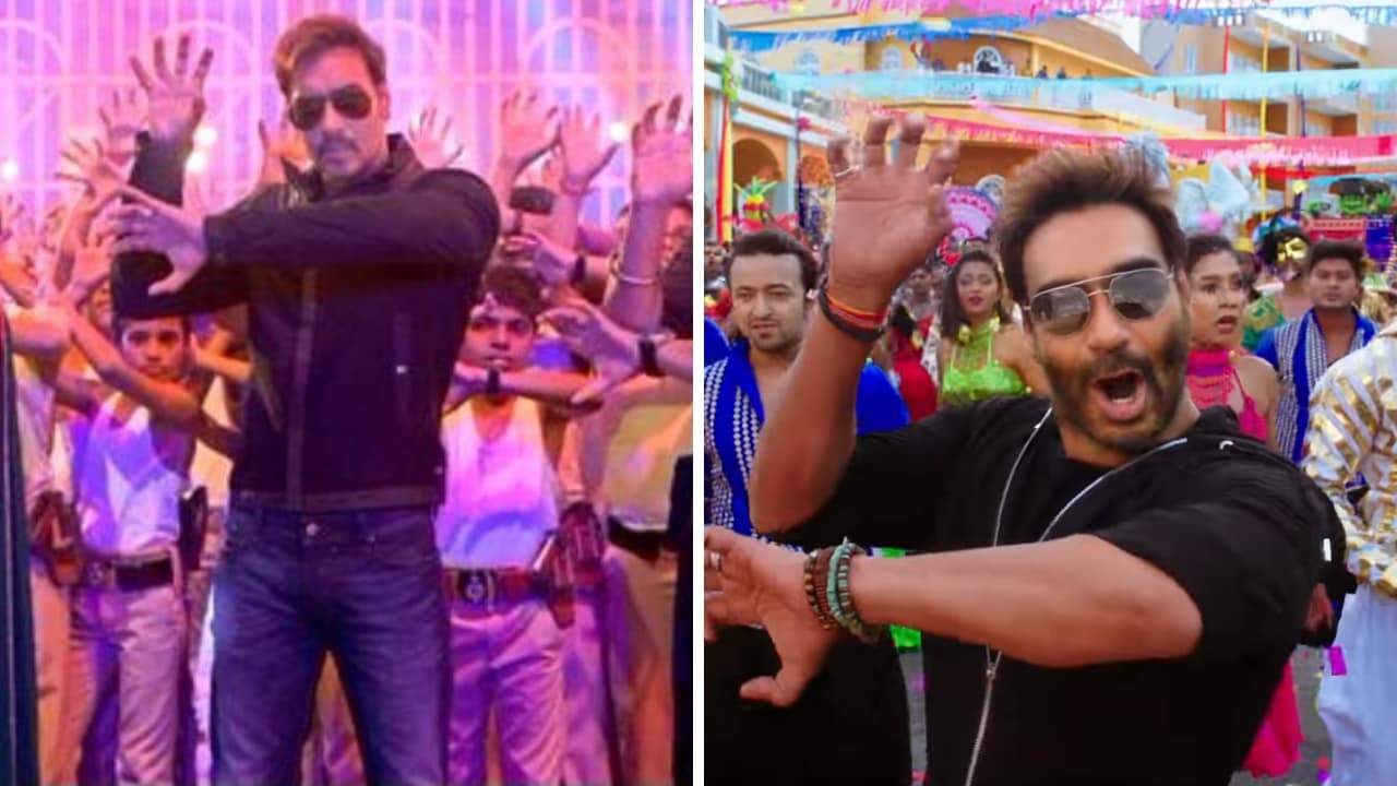Ajay Devgn doing the signature Singham step in Singham Returns (lefdt) and Golmaal Again. YouTube screengrab