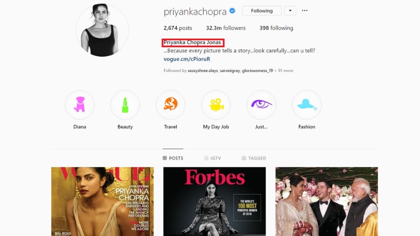 Priyanka Chopra's Instagram profile now says Priyanka Chopra Jonas.