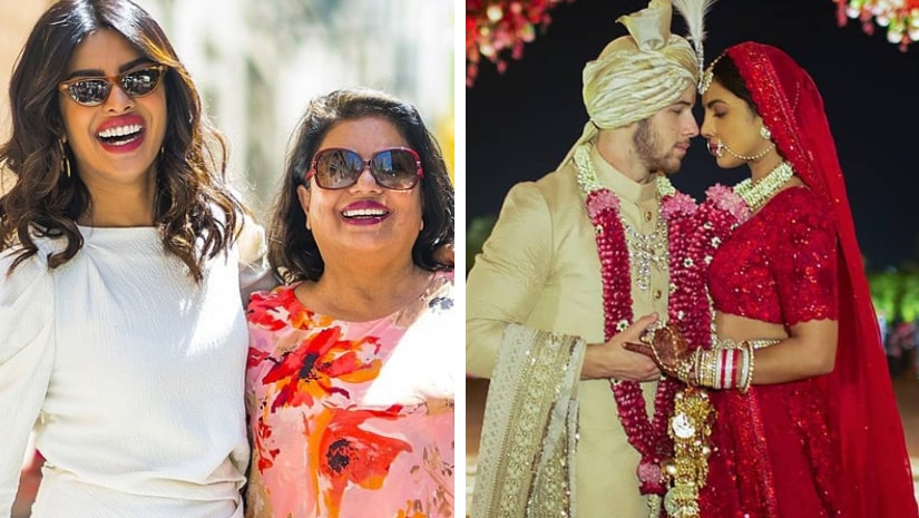 Madhu Chopra with daughter Priyanka (left); Nick Jonas and Priyanka's Indian wedding. Images from Facebook