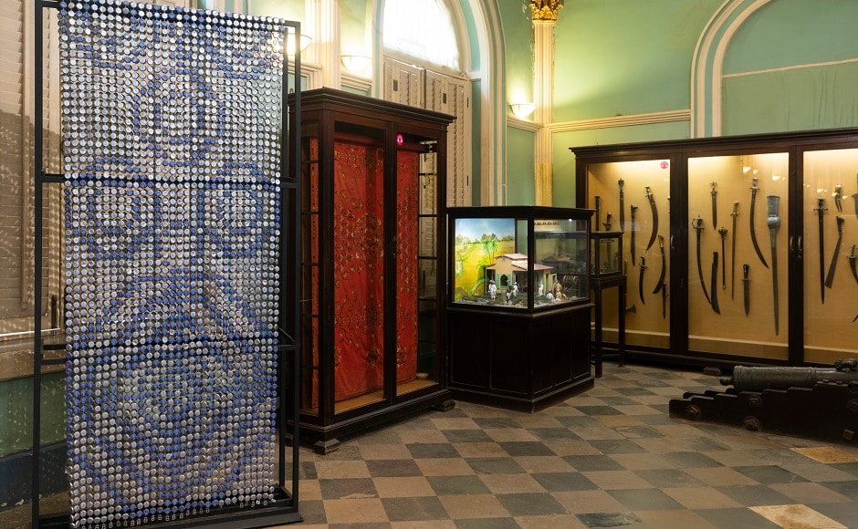 Installation view of Sharmila Samant's 'A Factory-made Saree', 2006, Bottle caps and metal shackles. Installation view of Sharmila Samant's 'A Factory-made Saree', 2006, Bottle caps and metal shackles.