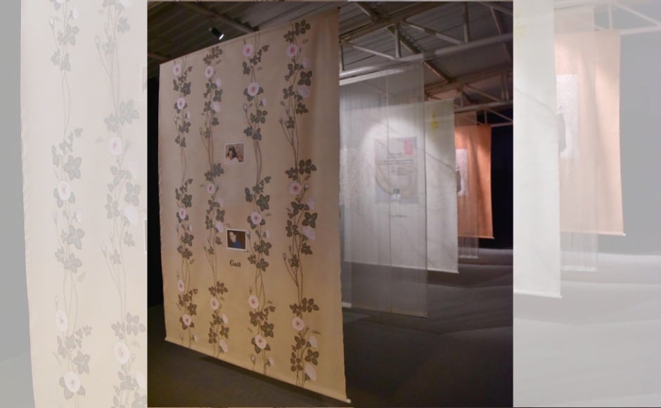 Installation view of Desmond Lazaro's 'Promise: The Family Portraits', 2016, Installation with hanging cloth, video and icon with gilded gold leaf. Installation view of Desmond Lazaro's 'Promise: The Family Portraits', 2016, Installation with hanging cloth, video and icon with gilded gold leaf.