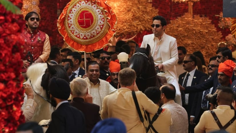 Anant Ambani and Akash Ambani on horseback, Mukesh is seen on foot. Firstpost/@Sachin Gokhale