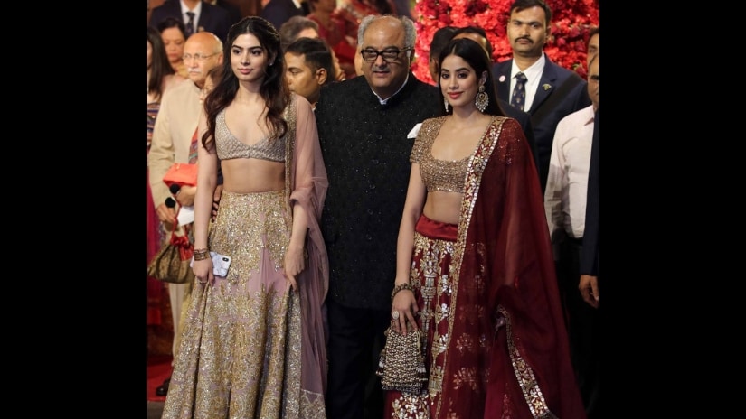 Boney Kapoor with daughters Janhvi and Khushi at Isha-Anand wedding. Firstpost/Sachin Gokhale