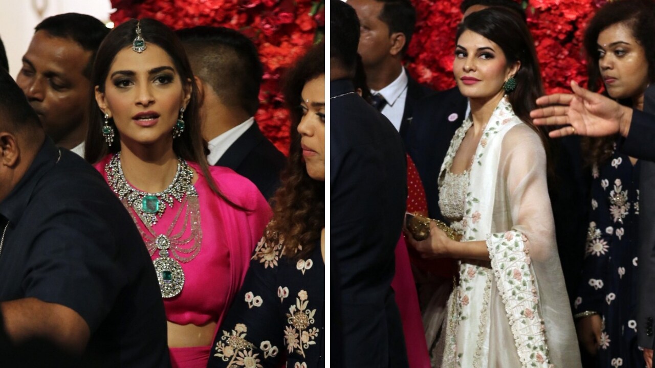 Sonam Kapoor (left) and Jacqueline Fernandez at Isha-Anand wedding. Firstpost/Sachin Gokhale