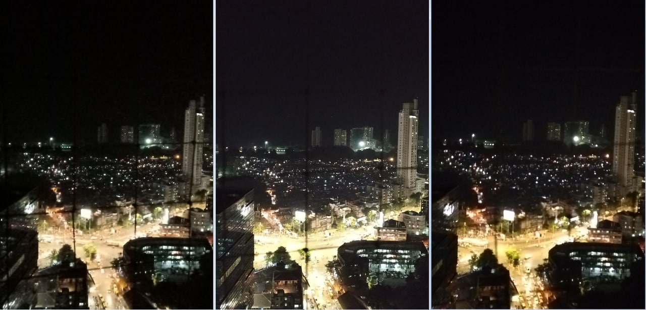 Night shot clicked from Realme U1 (left), Redmi Note 6 Pro (middle), and the Honor 8C (Right).