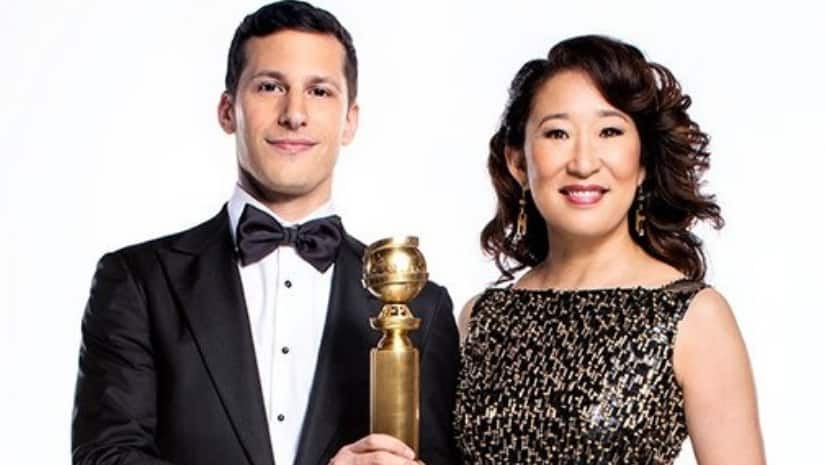 Sandra Oh (Grey’s Anatomy) and Andy Samberg (Brooklyn Nine-Nine) are set to host Sunday night’s show. Image from Twitter/@goldenglobes