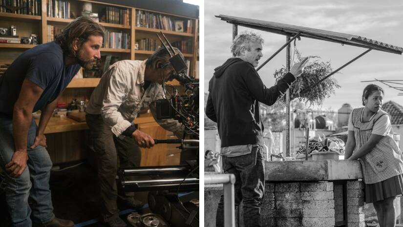 Bradley Cooper one sets of A Star Is Born (left); Alfonso Cuaron at Roma sets. The Associated Press
