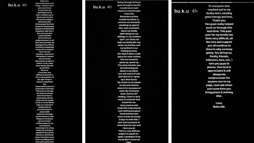 Buku Abi's Instagram stories about father R Kelly. Instagram