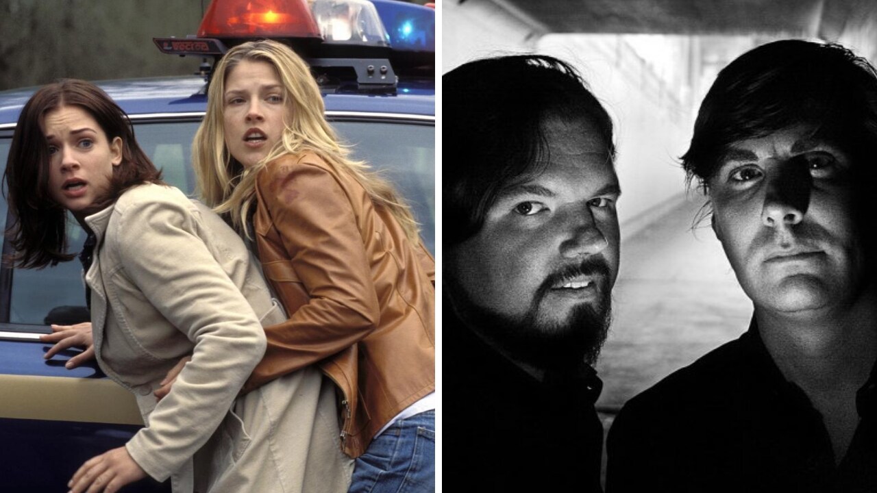 A still from Final Destination 2 (left), Writers Patrick Melton and Marcus Dunstan. Images from Twitter