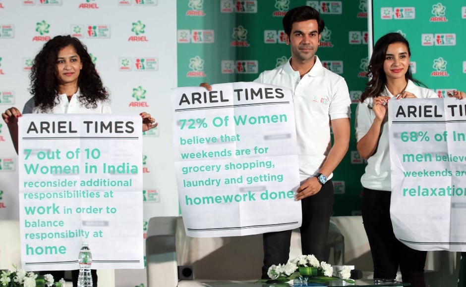 Ariel's Sons Share The Load the discussion saw Rajkummar, Gauri Shinde and Patralekhaa talk about gender disparity in household chores with a focus on laundry. Firstpost/ Sachin Gokhale