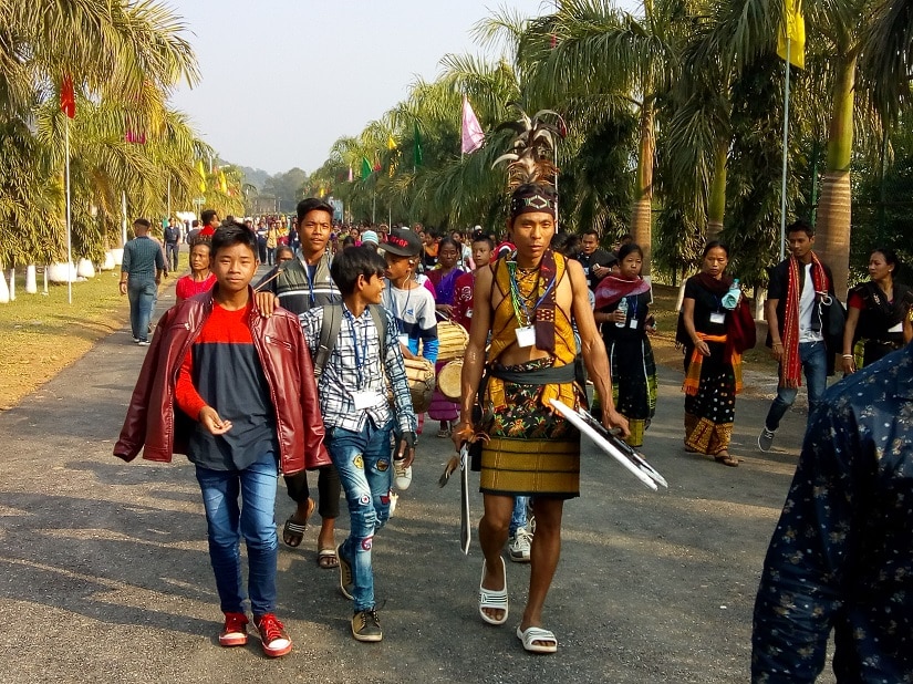 People from various tribes in their traditional clothes during the Tribal Sports Meet in Guwahati in December 2018. Sanjib Kr Baruah