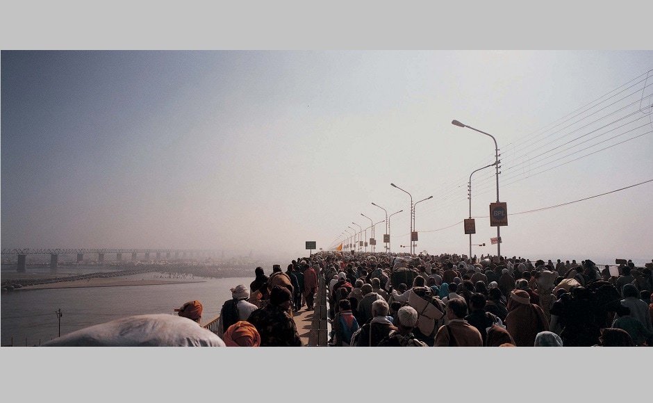Maha Kumbh Mela at Allahabad, India (2001). The big format books shown at the Chennai Photo Biennale 2019 are original photographic prints designed to create three image-sequence organization in which one image relates to exterior and open landscapes, the other to interior and enclosed locations, and the third one to objects in space. Maha Kumbh Mela at Allahabad, India (2001). The big format books shown at the Chennai Photo Biennale 2019 are original photographic prints designed to create three image-sequence organization in which one image relates to exterior and open landscapes, the other to interior and enclosed locations, and the third one to objects in space.