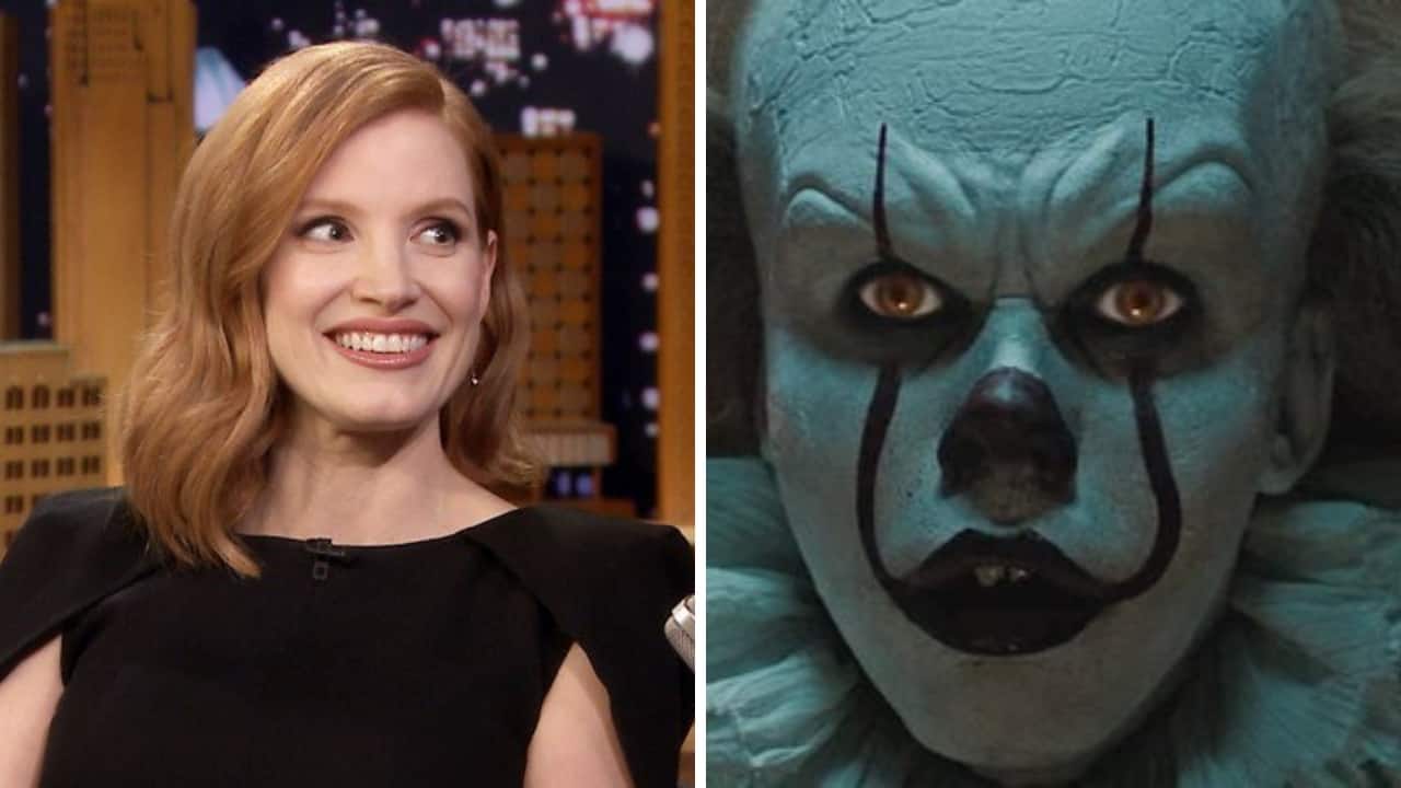Jessica Chastain on Tonight Show starring Jimmy Fallon (left), It: Chapter Two. Images from Twitter