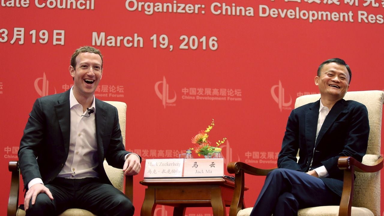 File photo of Mark Zuckerberg in conversation with Jack Ma in Beijing. Image: Reuters