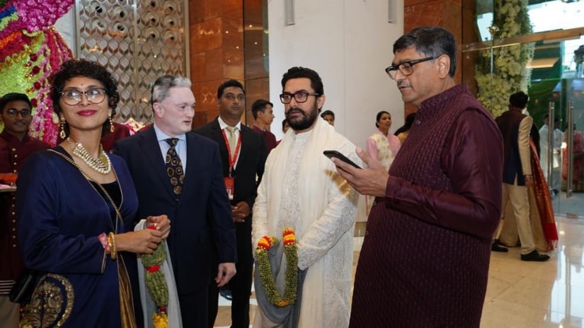 Aamir Khan and Kiran Rao at Akash Ambani and Shloka Mehta's wedding