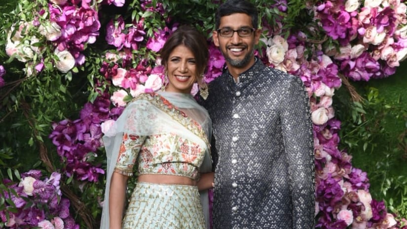 Google CEO Sundar Pichai along with wife Anjali at Aksh Amb ani-Shloka Mehta's wedding