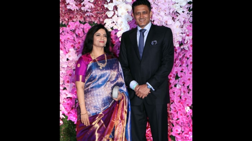 Anil Kumble with wife Chethana Ramatheertha attend Akash-Shloka's reception held in Mumbai. Firstpost/@Sachin Gokhale Anil Kumble with wife Chethana Ramatheertha attend Akash-Shloka's reception held in Mumbai. Firstpost/@Sachin Gokhale