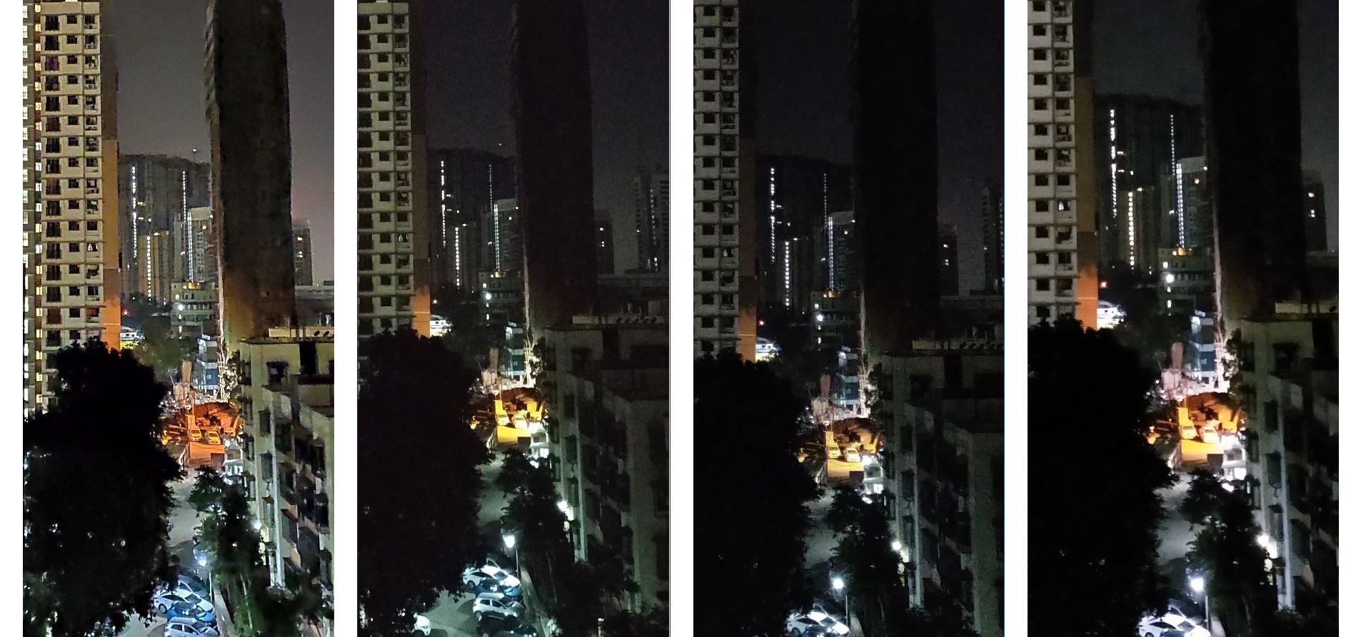 (L-R) Redmi Note 7 Pro, Redmi Note 6 Pro, Asus Zenfone Max Pro M2, Realme 2 Pro: Night cityscape on auto mode