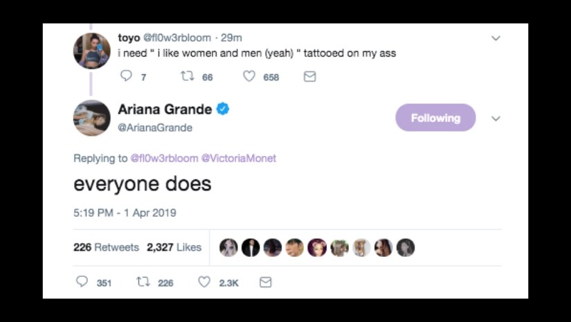 Ariana Grande's reply to her fan's comment. Image from Twitter