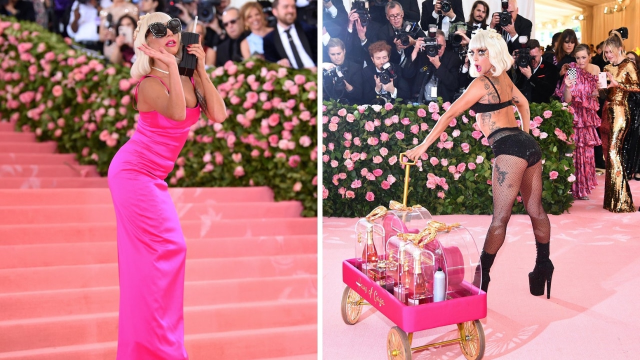 Lady Gaga shed her body-hugging bubble pink gown (left) to pose in glittery black underwear and black platform boots. Twitter/@ladygaga