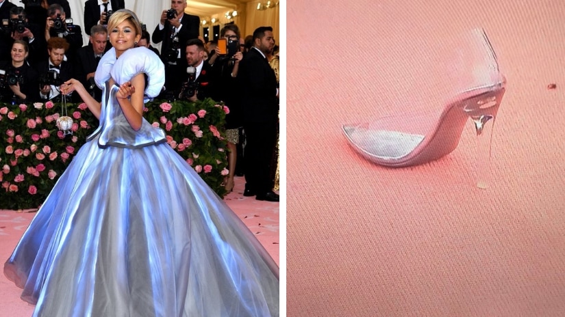 Zendaya brought classic fairy tale to life as she , dressed as Disney princess Cinderella, left her glass slipper on the stairs. Twitter/@duepesci