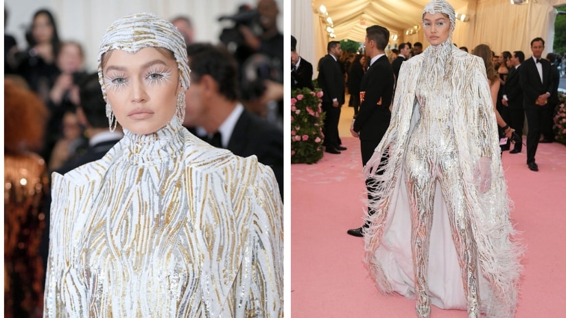 Gigi Hadid channeled an ice queen-meets-catwoman in her Michael Koes outfit. Twitter/@faveslooks