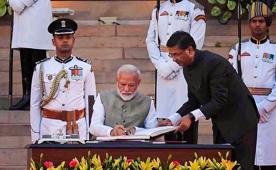 Wearing a beige Nehru jacket, Modi, 68, was administered the oath of office and secrecy by President Ram Nath Kovind at a glittering ceremony just before sunset at the forecourt of majestic Rashtrapati Bhavan, capping a landslide win for the BJP which won 303 of the 542 seats. PTI