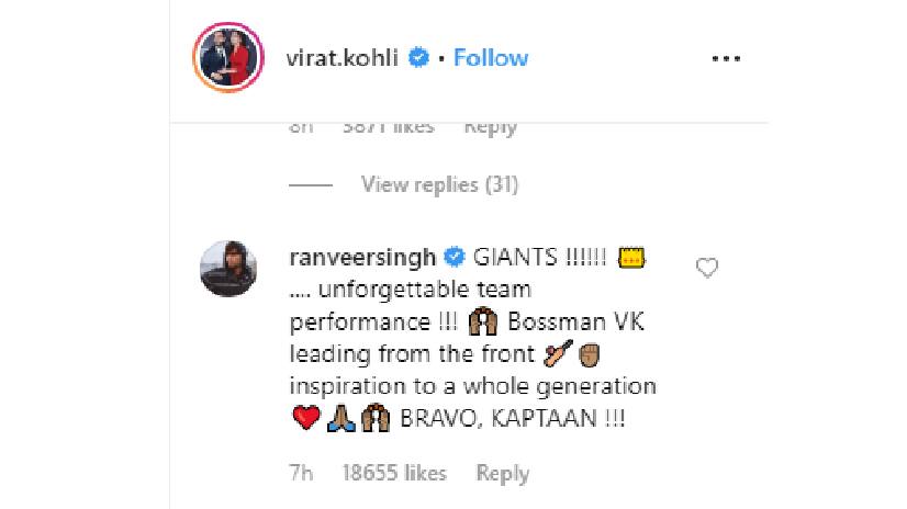 Ranveer Singh's comment on Virat Kohli's post. Instagram