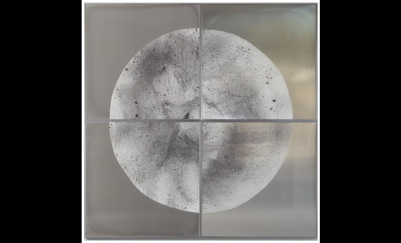 Verklärte Nacht (Transfigured Night) / Part VI, 2018. Ink on Xuan paper on mirror beneath linear Plexiglas, aluminium frame structure (4 panels). 240 x 240 cm / 96 x 96 in