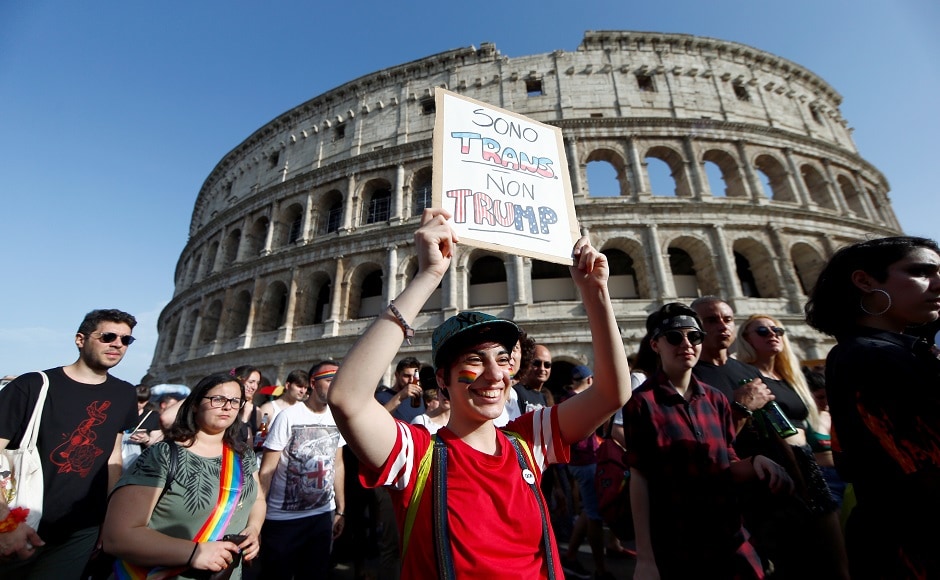 People take part in the Gay Pride Parade in front of the Colosseum in Rome, Italy on 8 June, 2019. Reuters/ Yara Nardi People take part in the Gay Pride Parade in front of the Colosseum in Rome, Italy on 8 June, 2019. Reuters/ Yara Nardi