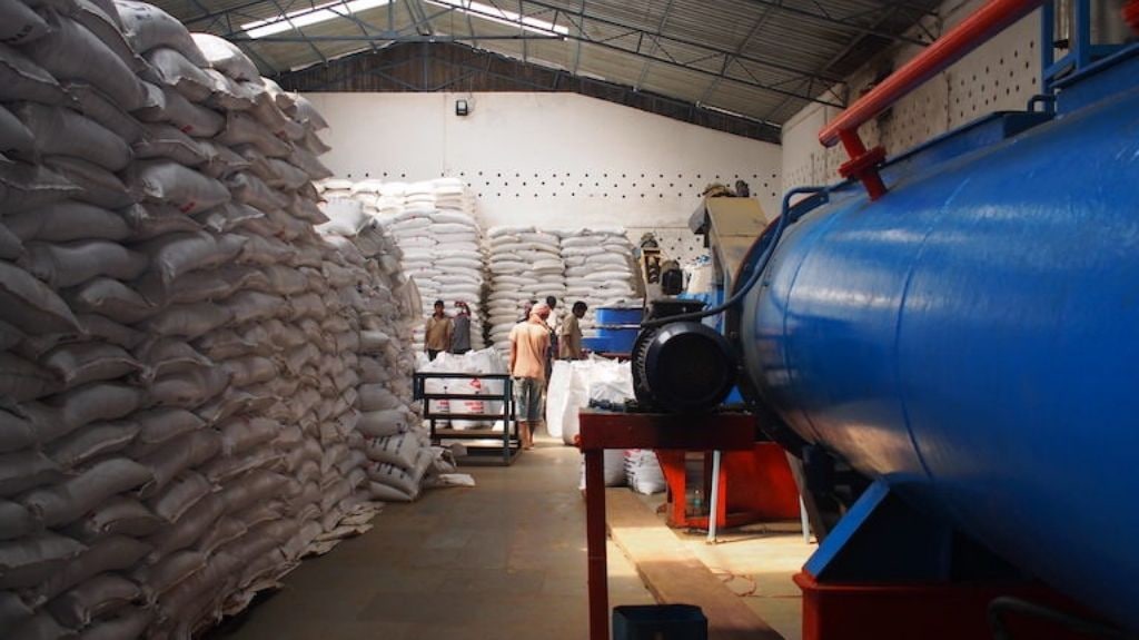 Bags of finished product await transport at a fishmeal plant in the southern Indian state of Karnataka.