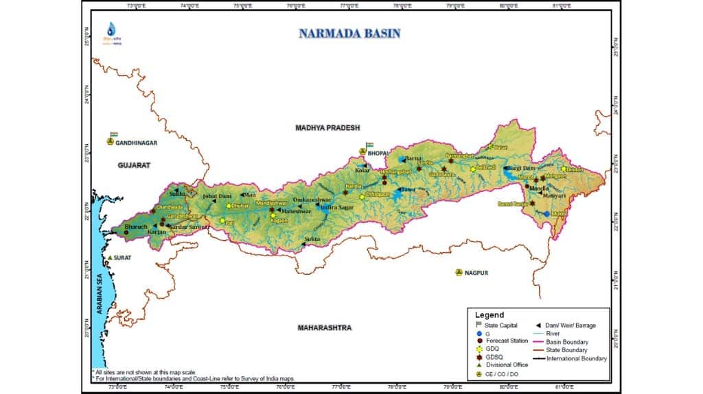 River basin map of Narmada which flows through Madhya Pradesh, Maharashtra and Gujarat. Map from Central Water Commission.