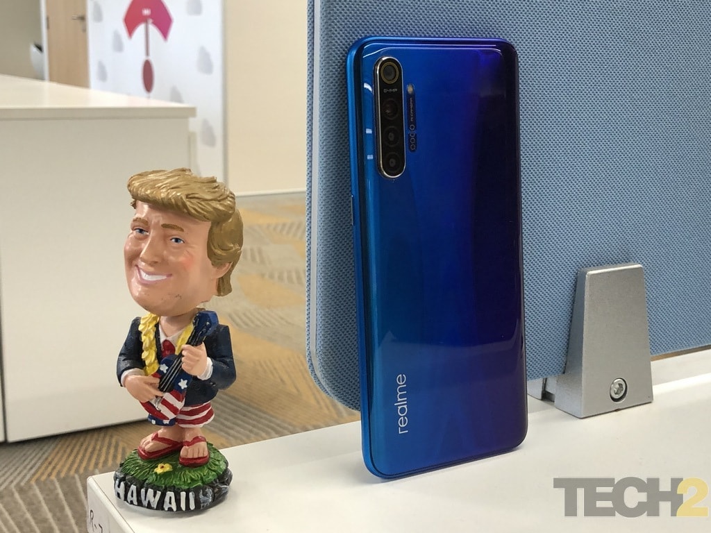 Realme XT seen in the Pearl Blue colour variant. 