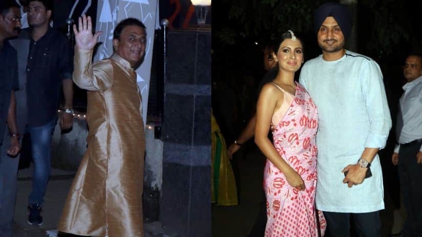 Sunil Gavaskar (left), Harbhajan Singh with wife Geeta Basra