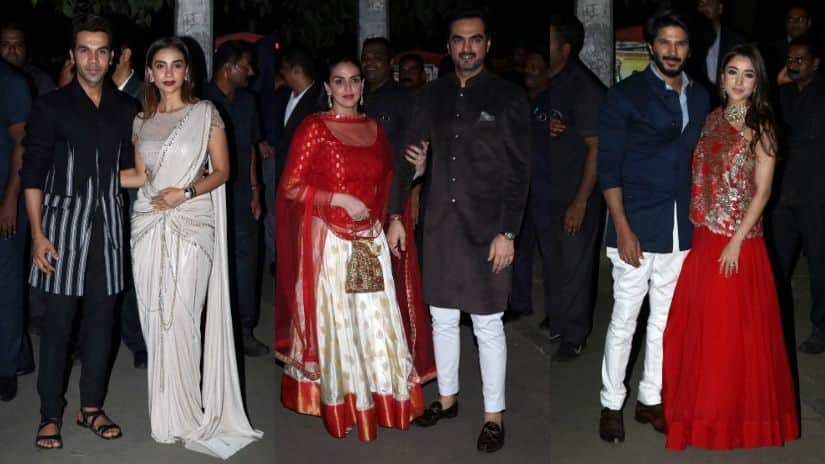 Rajkummar Rao with Patralekha (left), Esha Deol with husband Bharat Takhtani (centre) and Dulquer Salmaan with his wife Amal Sufiya