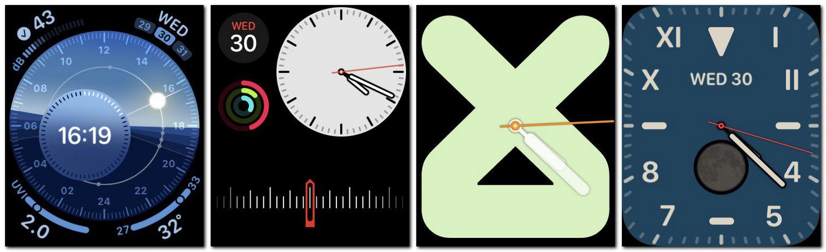 New Watch Faces: From L to R: Solar Dial, Modular Compact, Numerals Mono and California, among others