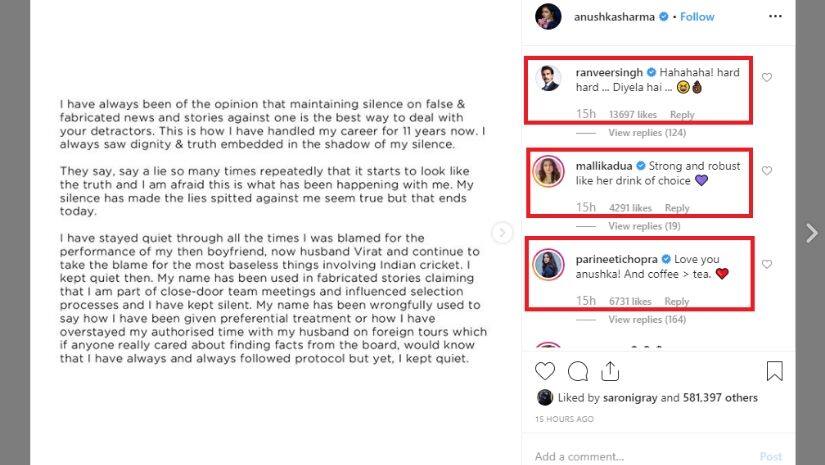 BOllywood backed Anushka Sharma’s post against Farokh Engineer’s claims. Screenshot from Instagram