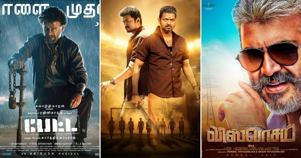 (From left to right) Posters of Petta, Bigil and Viswasam. Images from Twitter
