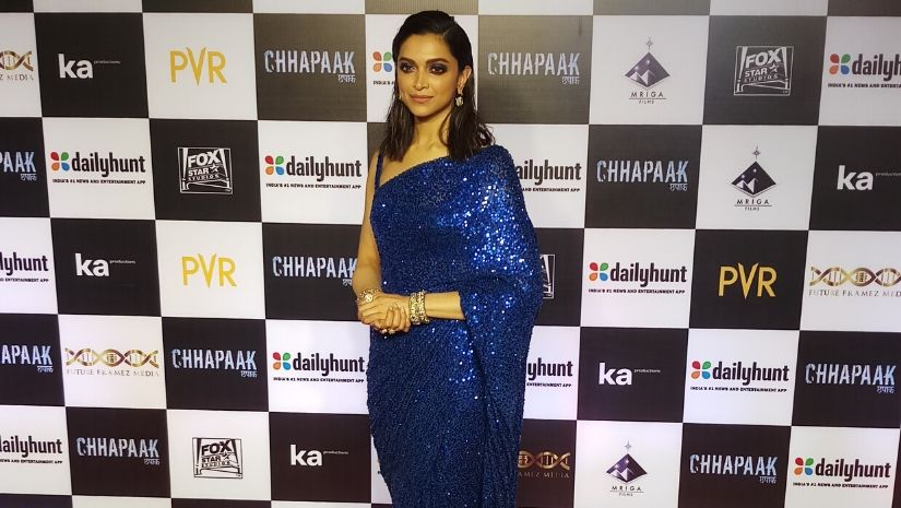 Deepika Padukone sported a midnight blue shimmery sari for the premiere