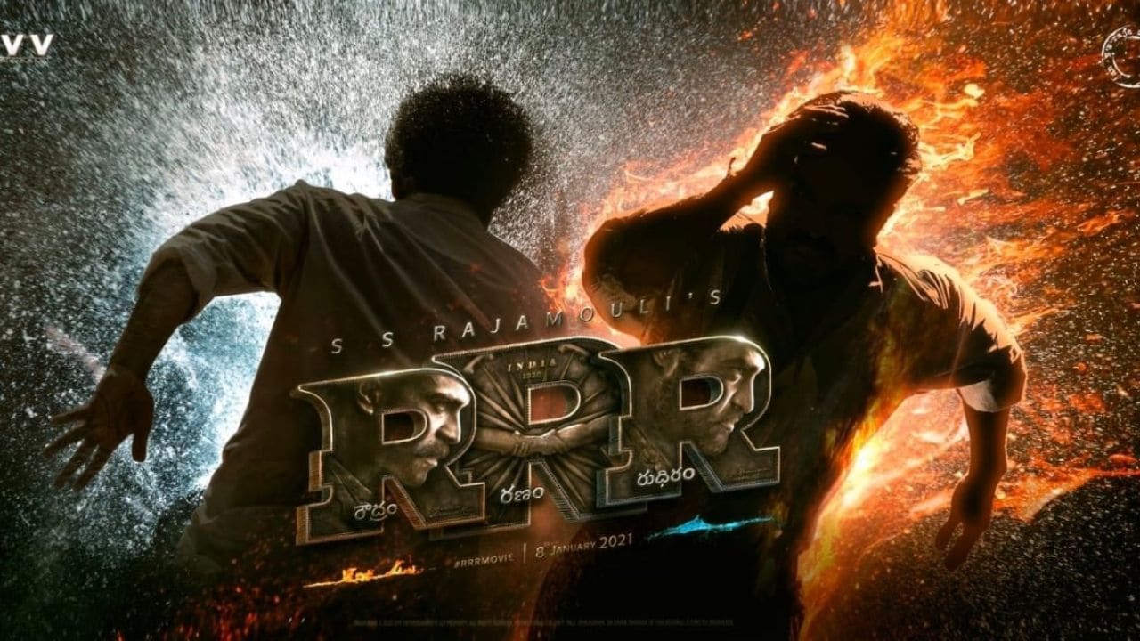 RRR motion poster, title logo out; Ram Charan, Jr NTR's elemental