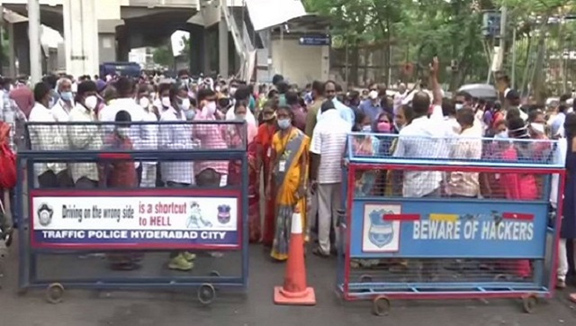 Outsourced employees of Hyderabad's Gandhi Hospital stage protest, demand permanent jobs Outsourced employees of Hyderabad's Gandhi Hospital stage protest, demand permanent jobs